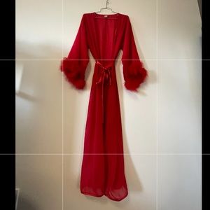 Sheer red robe with feather sleeves